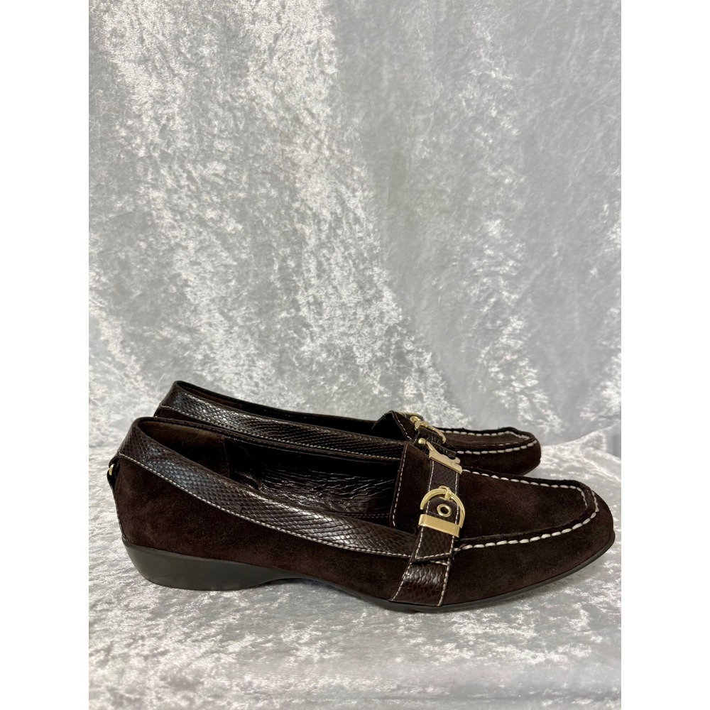Etienne Aigner SEMPEST Brown Suede Faux Python Buckle Loafers Square Toe Size 7 - Picture 5 of 10